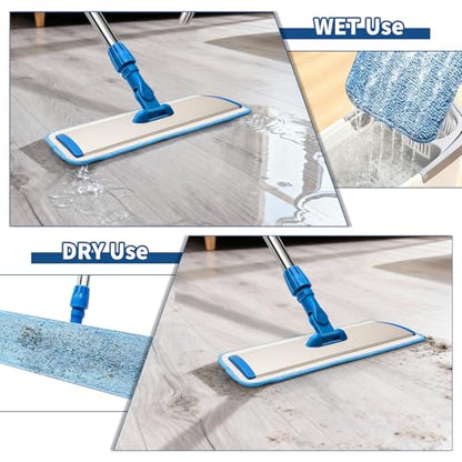 18" Professional Microfiber Mop Floor Cleaning, Flat Mop with Stainless Steel Handle,360-Spin Head with 2 Reusable Washable Pads, Microfiber Wet and Dust Mopping for Hardwood and Tile,Blue