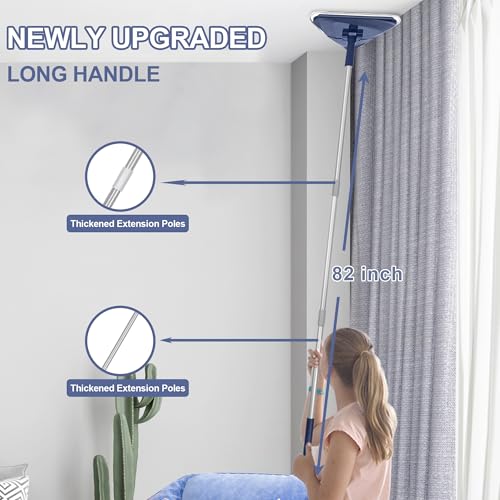 Wall Cleaner Mop with 82" Handle, 360° Rotating Triangle Head and Microfiber Pads, Built-in Squeegee for Ceiling Mop, Baseboard Cleaning and Windows - color: Blue