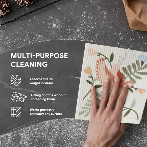 RECYCO Swedish Dishcloths for Kitchen | 6 Pack Birdsong and Blooms Washable Dish Rags | Cellulose Reusable Cleaning Paper Towels | Absorbent Counter Dish Cloth Sponge Kitchen Wipes, 8" L x 7" W - color: Birdsong and Blooms - 6 Pack