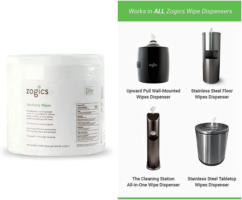 Zogics Sanitizing Wipes and Wall Mounted Dispenser – No-Touch Wipes Dispenser, Mounts Easily to Wall for Quick Access to Sanitizing Wet Wipes (4 Pack Sanitizing Wipes included) - style: Black + Sanitizing Wipes