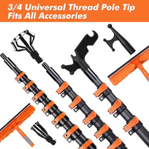 Window Washing Kit with Extension Pole 4.7 to 24FT, Long Squeegee for Window Cleaning Indoor Outdoor, Carbon Fiber Telescopic Pole for Window Cleaner Tool with Microfibre Pad & Chenille Cloth - size: 24 FT