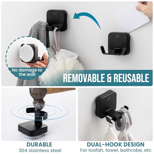 TAILI Patented Strong Suction Cup Hook, 304 Stainless Steel Bathroom Suction Cup Holder for Towel, Loofah, Bathrobe, Damage-Free Hanging Shower Wall Hook, Double-Hook Widening Design, 2 Pack, Black - color: Wide Double-Hook, Black