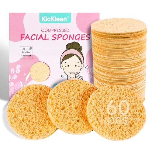 60-Count Compressed Facial Sponges|100% Natural Kickleen Cellulose Cosmetic Spa Sponges for Daily Facial Cleansing|Makeup and Mask Removal | Exfoliating | Skin Massage | Pore Exfoliation (Yellow) - color: Yellow