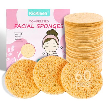 60-Count Compressed Facial Sponges|100% Natural Kickleen Cellulose Cosmetic Spa Sponges for Daily Facial Cleansing|Makeup and Mask Removal | Exfoliating | Skin Massage | Pore Exfoliation (Yellow) - color: Yellow