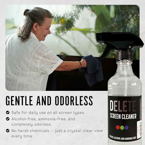 Delete Screen Cleaner Spray Kit, 2 Pack, 16oz and 2oz Bottle and 12"x12" Microfiber Cleaning Cloth, Streak-Free, Safe and Gentle Formula, Multi-Purpose for TVs, Computers, Monitors, Smart Phones - style: 2 Pack, 16oz and 2oz