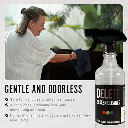 Delete Screen Cleaner Spray Kit, 2 Pack, 16oz and 2oz Bottle and 12"x12" Microfiber Cleaning Cloth, Streak-Free, Safe and Gentle Formula, Multi-Purpose for TVs, Computers, Monitors, Smart Phones - style: 2 Pack, 16oz and 2oz