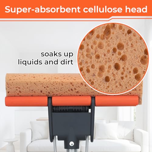 Sponge Mops for Floor Cleaning with 2 Cellulose Mop Head Refills and 55” Long Handle, Heavy Duty Roller Mop, Easy Self Squeeze for Hard Wood Tile Concrete Bathroom or Kitchen Floor Wall Ceiling