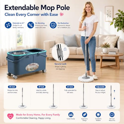 Mop and Bucket Set with Clean & Dirty Water Separation, Spin Mop with 360° Wheels & Drain, 6 Microfiber Heads,Adjustable Handle for Pet Owners, Kitchen, Bathroom, Hardwood & Tile Floors - color: Grey/Blue
