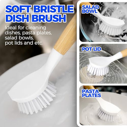 Holikme 3 Pack Dish Brush Set with Bamboo Handle, Kitchen Brushes for Cleaning Pot, Sink and Stove, Skillet Scrubber with Tough Bristles for Cast Iron Grill Pan, White Yellow Black - color: White Yellow Black