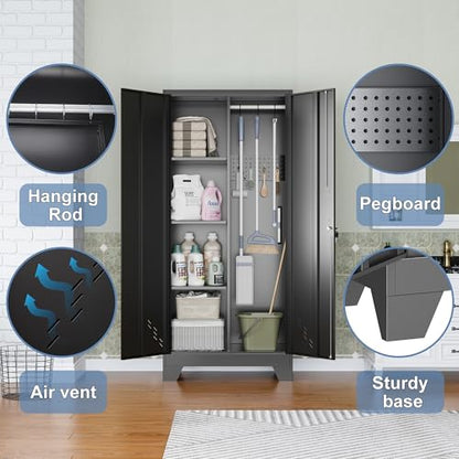 61" Metal Storage Cabinet with Lockable Doors, Cleaning Supply Cabinet with Pegboard and Hanging Rod. Garage Tool Storage Cabinets for Home, Laundry, Office, Home Kitchen Utility Cabinet - size: 61" Cabinet Black