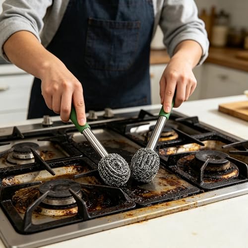 2PCS Steel Wool Scrubber with Handle Rustproof, Cast Iron Scrubber, Stubborn Messes Pot Brush, Remove Dirt for Cleaning Stoves,Sinks Dishes Grills Bowls & Metal Wire Sponge for Kitchens - color: Green