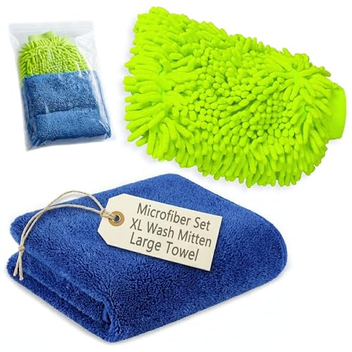 Microfiber Fingers Dusting & Cleaning Mitt and Large Towel Set, Machine Washable, Highly Absorbent Car Detailing Cleaner for Drying, Washing and Wax Polishing (1 Green Mitt, 1 Blue Towel)
