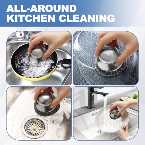 10Pcs Steel Wool Scrubber, Steel Wool Pads with 2Pcs Handle, Stainless Steel Scrubber for Dishes, Kitchen, Cleaning, Stoves, Pots and Pans, Grill, Wash Sink, Cleaning Dishes