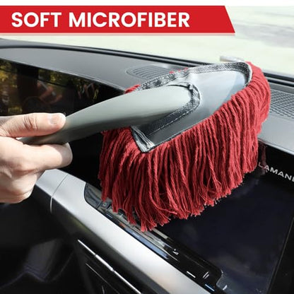 IPELY 2 Pack Large Car Duster Exterior Scratch Free with Extendable Handle and Car Duster Interior, Wax Cotton Hair Dusters (Red)