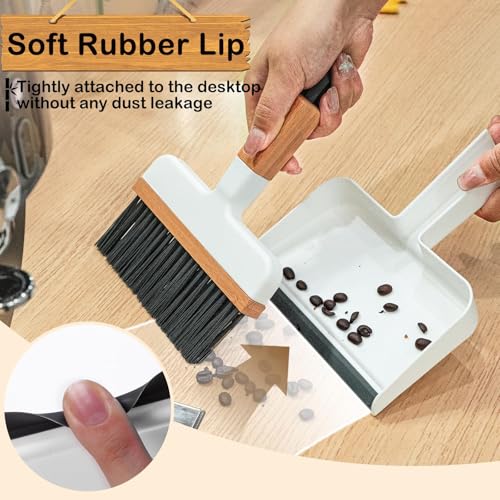 ThinkLearn Mini Dustpan and Brush Set, Bamboo Handle with Rubber Lip | Small Handheld Cleaning Set for Tight Spaces, Small Broom Dustpan for Home Car Camping - color: White