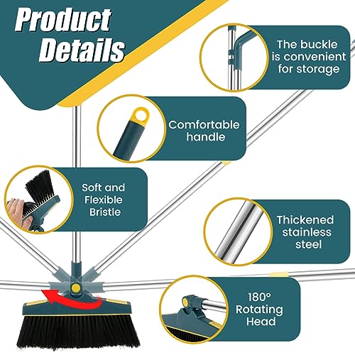 4Pcs Broom and Dustpan Set with Floor Squeegee Rectangular Brush Retractable Upright Broom Dustpan Squeegee Rectangular Brush Combo Set with Long Stainless Steel Handle for Living Room Kitchen Office