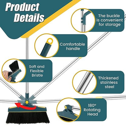 4Pcs Broom and Dustpan Set with Floor Squeegee Rectangular Brush Retractable Upright Broom Dustpan Squeegee Rectangular Brush Combo Set with Long Stainless Steel Handle for Living Room Kitchen Office