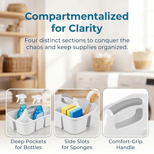 Large Plastic Utility Caddy with 4 Compartments – Heavy-Duty Storage Organizer for Cleaning Supplies, Sponges & Spray Bottles – Easy-Carry Handle (White)