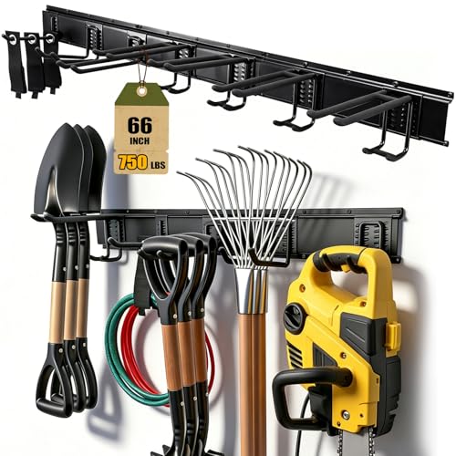 66'' Garage Tool Organizer Wall Mount 18Pack 750lbs Heavy Duty | Include 14 Adjust Hooks Garden Tool Organizer, Garage Wall Organizer for Garden Yard Tool Shovel Rake Broom Ladder Weed Eater - size: 66''-18Pack