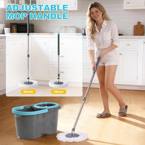 JOYMOOP Spin Mop and Bucket with Wash and Wringer Set, 360° Mop Head & Telescopic Handle, 6 Reusable Microfiber Pads, Wet and Dry Use, Hands-Free Cleaning for Hardwood, Tile, Laminate Floors & Walls - size: Bucket # SUPER 8 + 6 Mop Pads