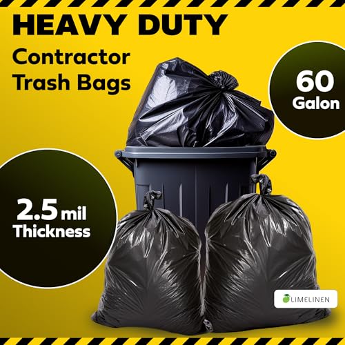 Lime Linen 60 Gallon Heavy Duty Contractor Xl Black Garbage Bags | Industrial, Construction & Yard Waste | Tear Resistant | 40 Pack, Extra Thick 2.5 Mil, Tie Bags, Interleaved On Roll Secure Closure - color: 60 Gallon, size: 1 Count (Pack of 40)