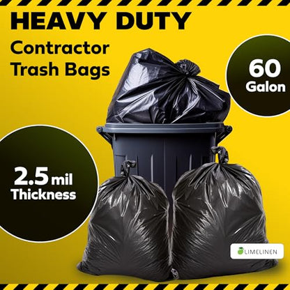 Lime Linen 60 Gallon Heavy Duty Contractor Xl Black Garbage Bags | Industrial, Construction & Yard Waste | Tear Resistant | 40 Pack, Extra Thick 2.5 Mil, Tie Bags, Interleaved On Roll Secure Closure - color: 60 Gallon, size: 1 Count (Pack of 40)