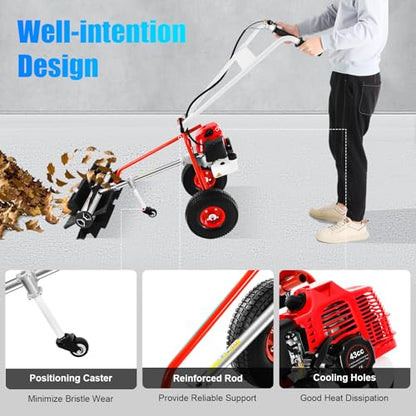 43CC 2 Stroke Power Broom Sweeper Cordless, 1.7HP Handheld Gas Power Held Sweeper Broom Grass Walk Behind Hand Lawn Sweeper with Wheels, Outdoor Turf Lawn Sweepers for Yard, Lawn, Driveway, Snow