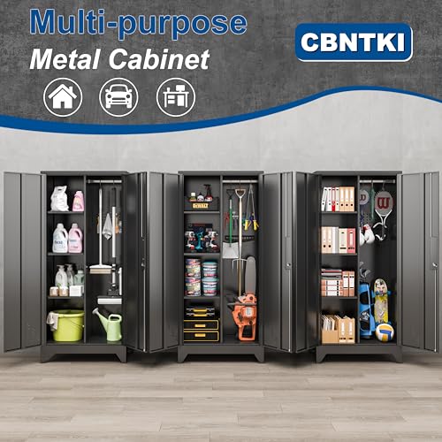 Metal Garage Storage Cabinets with Lock, Cabinet with Pegboard & Hanging Rod, Broom Closet Storage Cabinets, Black Lockable Steel Tool Cabinet for Home,Garage,Utility Room - color: 61" Black