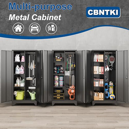Metal Garage Storage Cabinets with Lock, Cabinet with Pegboard & Hanging Rod, Broom Closet Storage Cabinets, Black Lockable Steel Tool Cabinet for Home,Garage,Utility Room - color: 61" Black