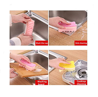 Yellow Pink Colors Multi-Functional Sponges Non-Scratch Scrub Sponges Household Kitchen Cleaning Sponges Durable Scouring Pads,Pack of 4
