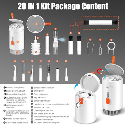 walrfid 2 Pack Laptop Phone Screen Cleaner Kit, Computer Keyboard Brush Cleaning Spray for iPhone AirPods MacBook iPad, 20-in-1 Electronic Device Tool for Camera Earbud TV Tablet Car Screens, White - color: 2PCS-White