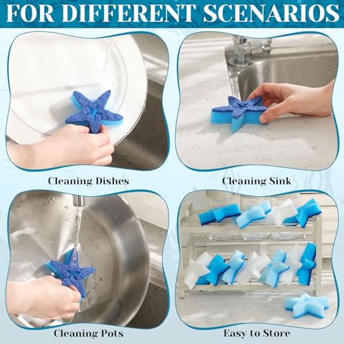 Tioncy 12 Pack Starfish Kitchen Sponges Bulk Dual Sided Scrubber Sponges Dishwashing White Blue Kitchen Cleaning Accessories for Household Supplies