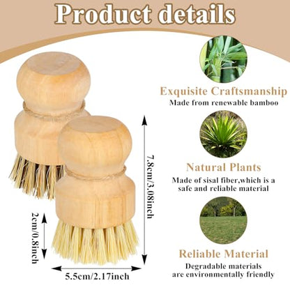 8 Packs Bamboo Dish Scrub Brushes Natural Palm Wooden Scrubbers Set Kitchen Dishwashing Scrubber with Natural Sisal Bristles for Iron Pot Pan Sink (Round)
