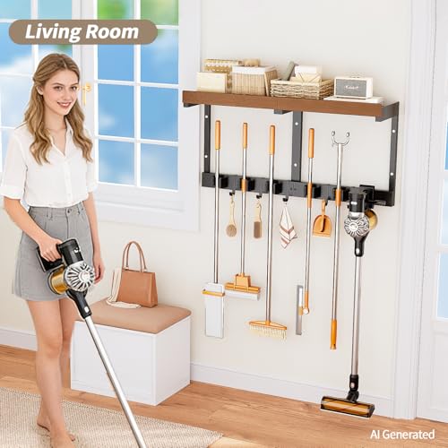 Broom Holder Wall Mount with Cleaning Supplies Organizer, Laundry Room Shelves with Mop Hanger Rack Gripper Hooks and Vacuum Organizer, Broom and Mop Organizer Wall Hanging for Home Garage Kitchen