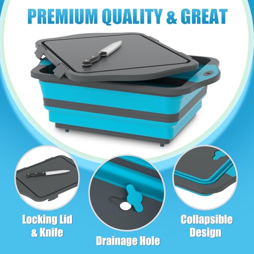 HI NINGER BBQ Prep Tub with Lid, Collapsible Camping Sink with Colander, Cutting Board & Knife Set for Grilling, Smoking & Outdoor Cooking, Collapsible Wash Basin for RV Camping Essentials - color: Blue grey