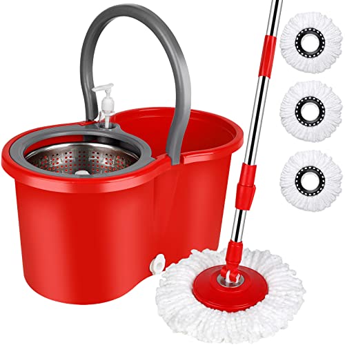Spin Mop and Bucket with Wringer Set, 360° Spinning Mop Bucket System with 3 Microfiber Mop Replacement Heads and 61" Stainless Steel Adjustable Handle for Floor Cleaning (20QT) - color: Red