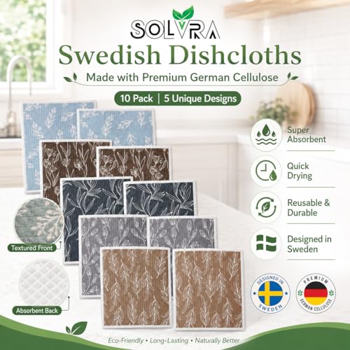 10 PCS Leaf Print Swedish Dishcloths for Kitchen 100% Biodegradable, Reusable Cellulose Sponge Cloths Ultra Absorbent, Eco Friendly Cleaning Towels Dishcloths for Washing Dishes & General Cleaning - color: 10 Pcs-leaf Print