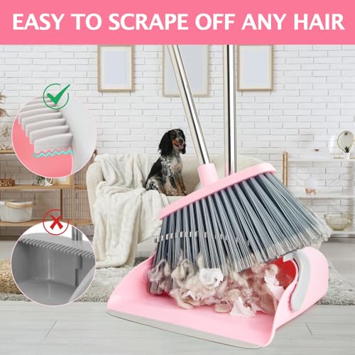2-Pack Broom and Dustpan Set with Long Handle, Heavy Dust Broom and Dustpan Combo for Home，Kitchen, Office, Pet Hair(Grey Pink) - color: Pink 2-pack