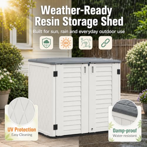 ADDOK 26 Cu.Ft Outdoor Storage Shed with Floor,Large Waterproof Resin Storage Cabinet with Lift-Up Lid,Double Doors and Lockable Design for Lawn Mower,Garden Tools, Patio,Backyard and Pool Supplies - size: 26 Cu.Ft-White