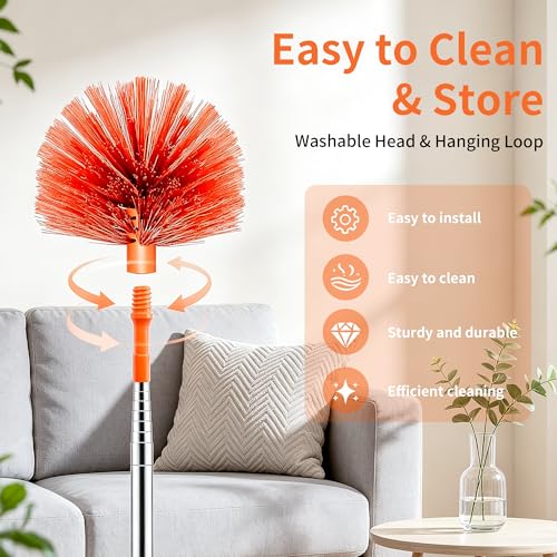 Cobweb Duster with Extension Pole, Upgraded Heavy Duty Thickened Stainless Steel Telescopic Handle for High Ceilings & Ceiling Fans, 90" Total Reach (15.7" Compact), Medium Stiff Bristles (Orange) - color: Orange