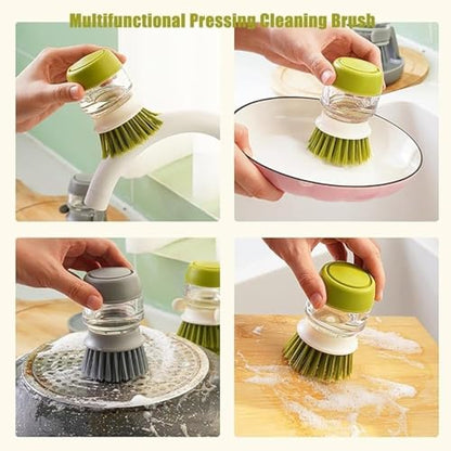 Soap Dispensing Dish Brush with Holder and Drip Tray, Kitchen Scrub Brush for Pans and Sinks, Refillable Dish Detergent Dispenser for Easy Cleaning (Green) - color: Green