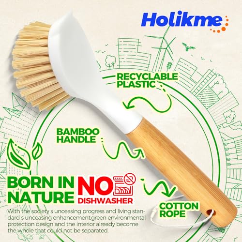 Holikme 3 Pack Dish Brush Set with Bamboo Handle, Kitchen Brushes for Cleaning Pot, Sink and Stove, Skillet Scrubber with Tough Bristles for Cast Iron Grill Pan, White Yellow Black - color: White Yellow Black