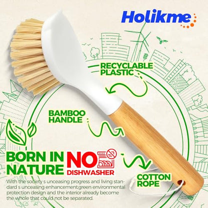 Holikme 3 Pack Dish Brush Set with Bamboo Handle, Kitchen Brushes for Cleaning Pot, Sink and Stove, Skillet Scrubber with Tough Bristles for Cast Iron Grill Pan, White Yellow Black - color: White Yellow Black
