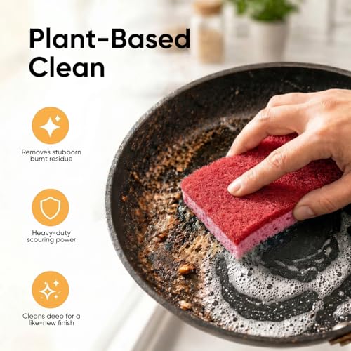 Non-Scratch Cellulose Sponge Kitchen Scrub Sponge with Scouring Pad Set, Good for Non-Stick Cookware Frying Pan, Pot, Counter Top, Sink Scrubbing, Kitchen Scrubbers, Pack of 2, (Red/Pink) - color: Red, size: 2-pack