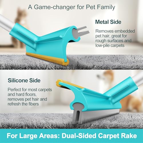 Carpet Rake for Pet Hair Removal (3 Pack), Dog Cat Fur Remover Rubber Broom, Lint Shaver Cleaner Tools Pro, Long Handle Carpet Scraper Brush for Carpet, Rug, Car Mat, Couch, Pet Bed, Furniture