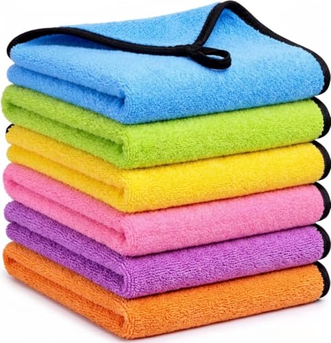 TAHINO Microfiber Cleaning Towels 6 Pack, 16x16 Inch Ultra Absorbent Microfiber Cloths for Car Detailing & Household Cleaning, Soft Lint Free Reusable Cleaning Towels, Multi Color