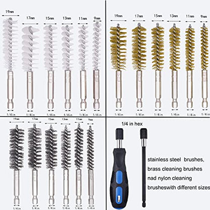 18 Pcs Bore Brush Drill Set, Mixiflor Twisted Stainless Steel Brass Nylon Bore Brush for Cleaning Rust, 1/4 Inch Hex Shank, with Handle, Extension Bar, Tool Bag