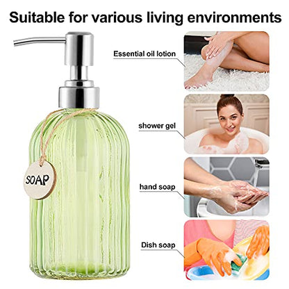 MOCLIF 16 OZ Soap Dispenser，Tempered Glass Clear Vertical Stripe with 304 Rust Proof Stainless Steel Pump Refillable Liquid Hand Soap Dispenser，for Bathroom, Kitchen, Dish Soap，Lotion (Green) - color: Green