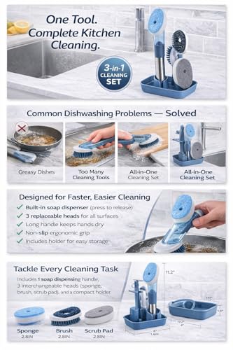 Soap Dispensing Dish Brush Set with Holder - 3 Replaceable Heads (Sponge, Scrubber, Brush) - Long Handle Kitchen Cleaning Brush for Pots, Pans, Sink & Dishes - Non-Slip Grip (Blue)