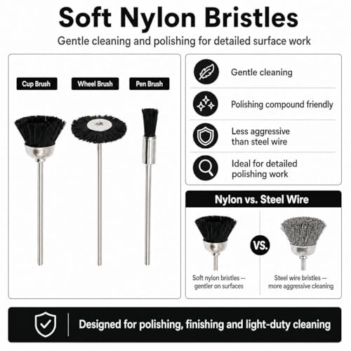 Soft Nylon Bristle Brushes Cup Wire Brush Set Cleaning Polishing Accessories 2.35mm Shank for Rotary Drill Tools Pack of 30 Pieces